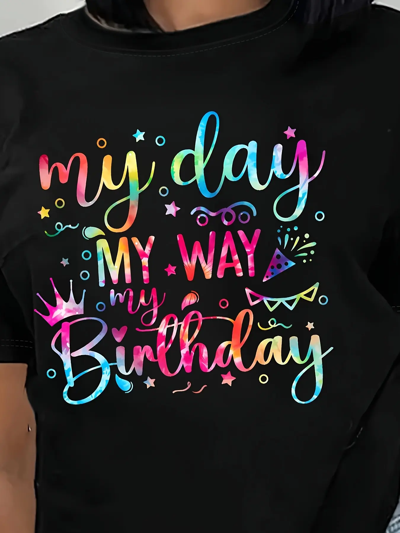 Women's Plus Size Birthday T-Shirt with "My Way" Colorful Lettering - Casual Round Neck Short Sleeve Blouse All-Season Fit for Parties & Casual Attire - Machine Washable Birthday Outfit ( Availability Compatible)