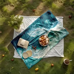 1 piece The rolling waves in Blue Ocean and Clear Sky themed flannel blanket - Modern geometric pattern flannel sofa blanket, suitable for beds and sofas, all-season multi-purpose use, super soft and comfortable, digital printing, non-slip, 100%