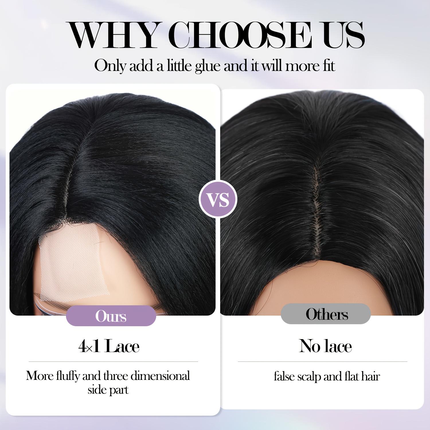 Synthetic Short Bob Wig with a 4X1 Lace Side Part, Designed for Women. This Straight Black Wig Is Heat Resistant And Suitable for Everyday Wear, Parties, Or Cosplay