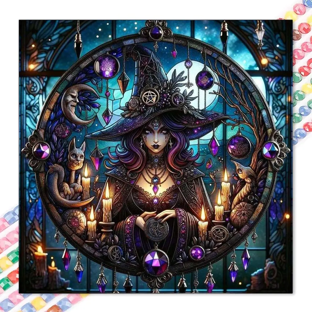 1 DIY diamond painting kit, 5D diamond art kit, DIY decoration, wizard hat, purple gem, candlelight circle, full round diamonds, mosaic, diamond art, DIY home decoration, suitable for Christmas, Halloween