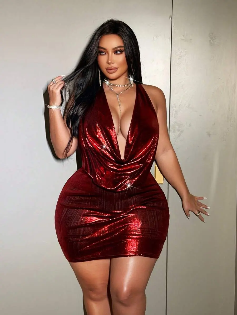 Plus Size Women's Halter Mini Dress - Flattering High-Stretch Fit for Night Out, Plunging Neck Backless Bodycon