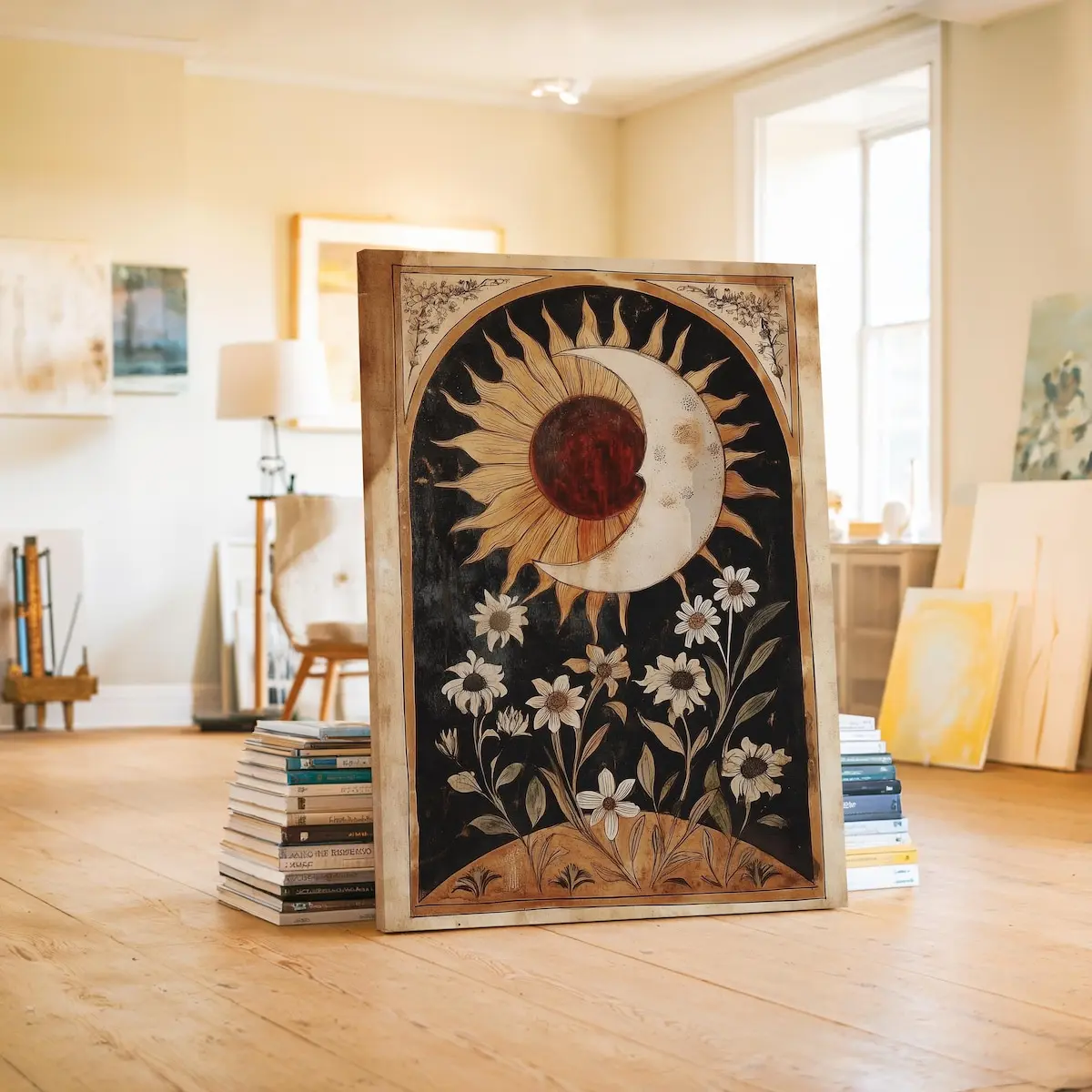Earthy Vintage Flower Poster, Bedroom And Living Room Bohemian Wall Art, Boho Spiritual Wall Decor, Mystical Sunflower And Moon Art, Room Decor, Unframed