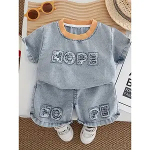 Boys' Faux 2pcs Set with Letter Print Short Sleeve And Shorts, Trendy And Stylish Casual Outfit Boys, Perfect Casual Attire, Casual Attire| Design| Stretchable, Outdoor, Perfect Outdoor