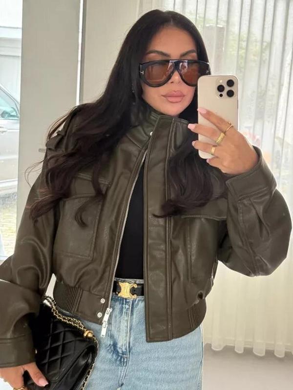 Women's Cropped Bomber Jacket Demi-Season Faux Leather Jacket Long Sleeve Green Black Jacket Women's Moto Biker Zipper Jacket Street Short Coat Aviator Jackets