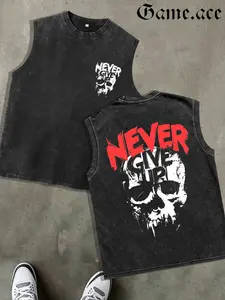 1 PCS Retro Washed Black Sleeveless Tank Top, "Never Give Up" Skull Graphic, Gothic Streetwear Style, 100% Cotton Unisex Oversized Vest, Casual Hangouts, Great Gift for Gothic Fans