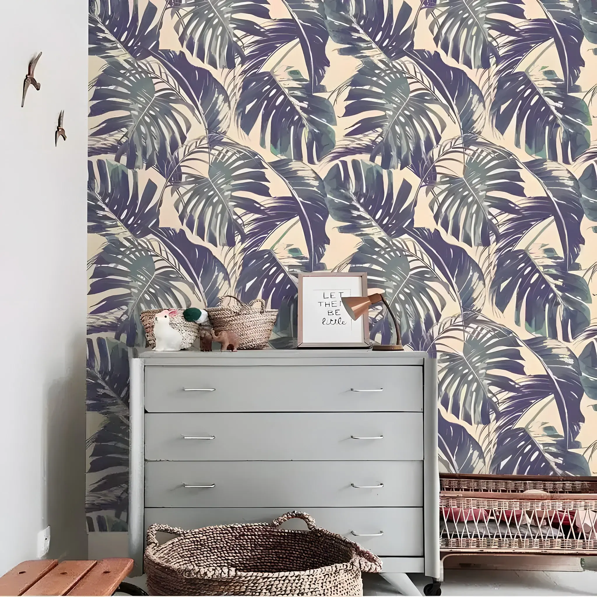 Vintage Purple Monstera Palm Leaves Wallpaper
