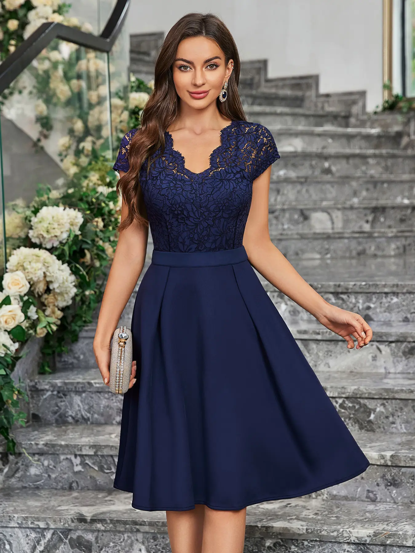 MIUSOL Y8367 Floral Lace Elegant Chic V-Neck Cap Sleeve Formal Wear Evening Cocktail Party A-Line Dress, Wedding Guest Dress, Prom Dress, Birthday Dress, Womenswear