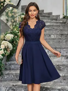 MIUSOL Y8367 Floral Lace Elegant V-Neck Cap Sleeve Evening Cocktail Party A-Line Dress, Wedding Guest Dress, Prom Dress