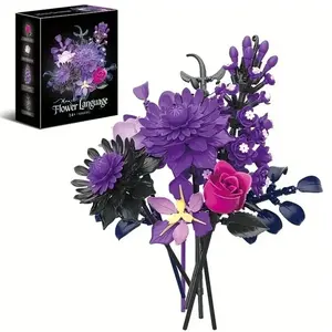 500+PCS Monet Dark Gothic Flower Bouquet Building Blocks Set Black Gold Purple Artificial Flowers Assemble Kit Toy For Girl Kids