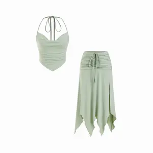 Cider Halter Neckline Drawstring Top & Ruched Hanky Hem Maxi Skirt Set