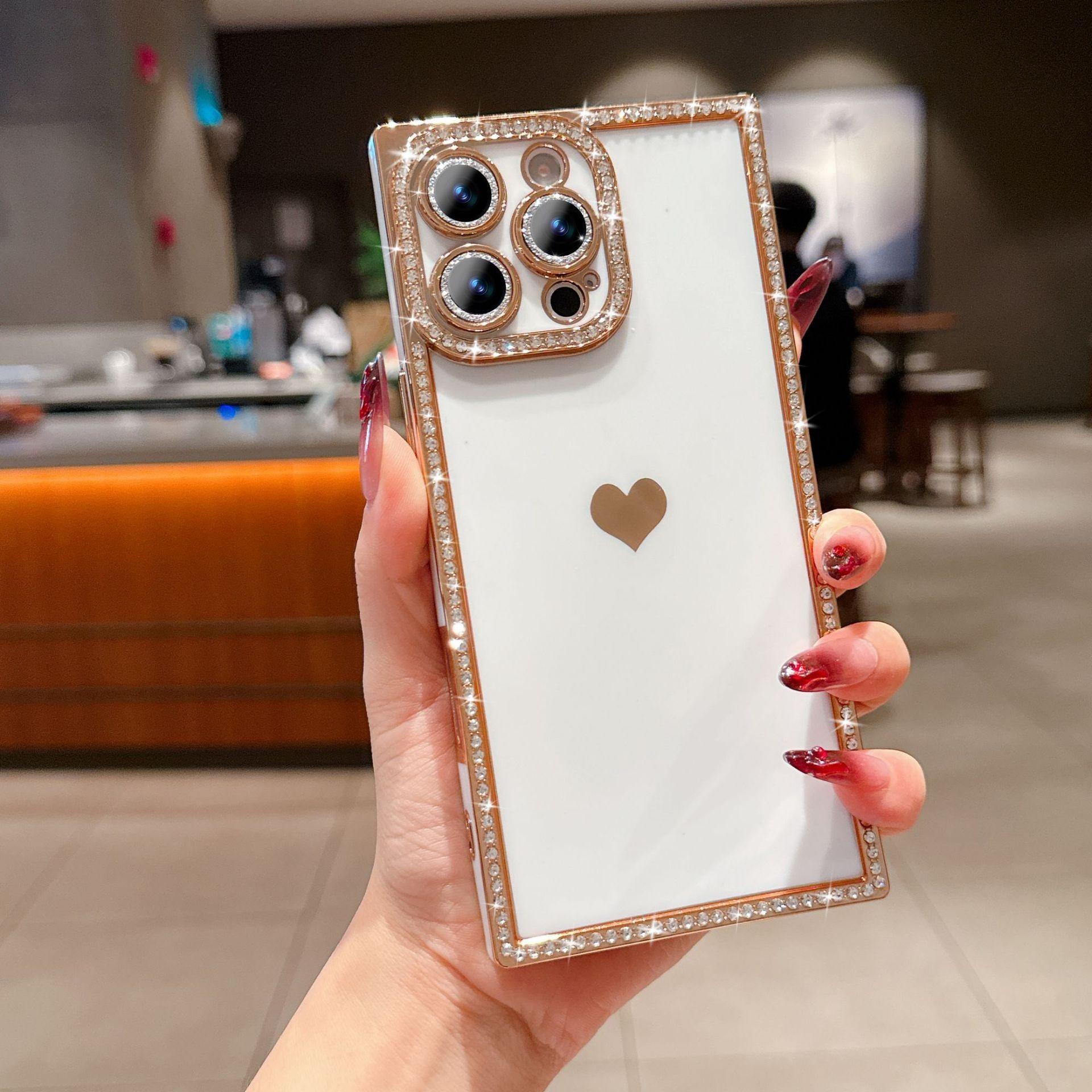 Luxury Rhinestone Square Edge Phone Case, Bling Diamond Full Camera Protection Shockproof Cover with Heart Design for IP 16 Pro max, 15 plus, 14, 13 junk