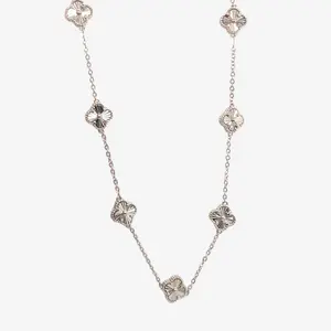 Cadena (43 cm) Cable c/ 7 Treboles Diamantado (9 mm) c/ Borde Pespunteado & Cierre Lobster - Plata