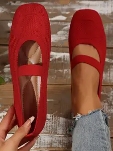Women's Slip-On Mary Jane Flats, Plain Knit Textile Upper, PU Lining, Durable Plastic Sole, All-Season Casual Shoes, Daily Wear Shoes