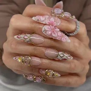 Pink Floral Luxury Press On Nails | 3D Flower Chrome Gold Outline Stiletto Nails | Elegant Handmade Bridal Nail Set