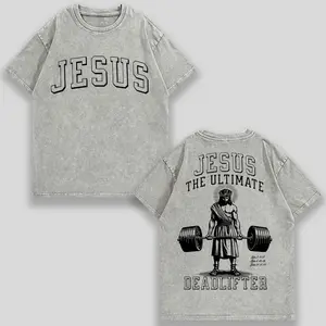1 PCS Religious & Fitness "Jesus The Ultimate Deadlifter" Graphic Tee: Featuring Distressed Vintage Finish, Front "JESUS" Letter Print, Back Artistic Illustration Of Jesuy2k,Vintage,Streetwear Christmas Thanksgiving gift,Cyber Monday