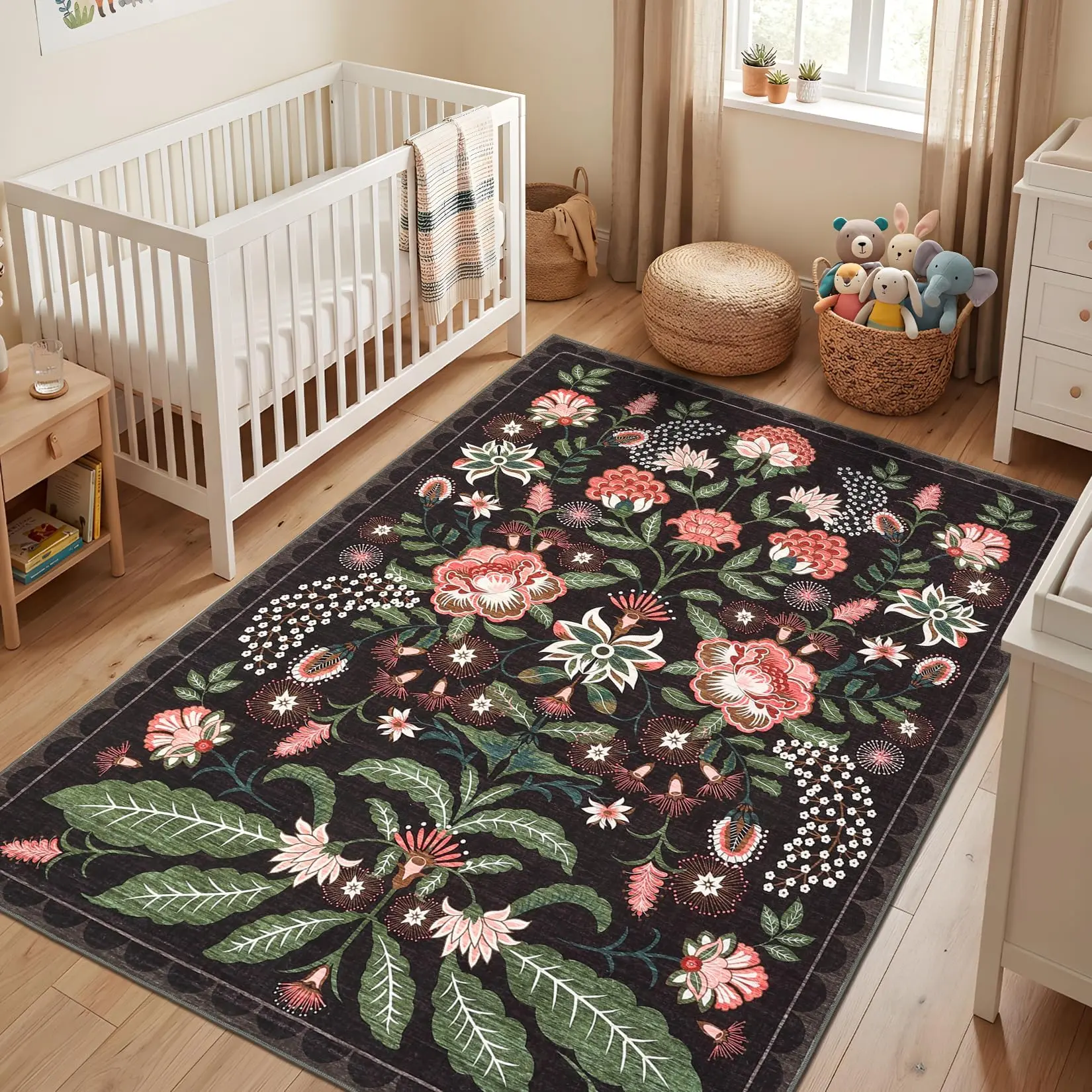 Washable Area Rug 5x7 Boho Floral Rug Soft Non Slip Accent Rugs for Bedroom Ultra Thin Low Pile Floor Cover Indoor Foldable Carpet for Living Room Dining Room Nursery Apartment, Plum Black