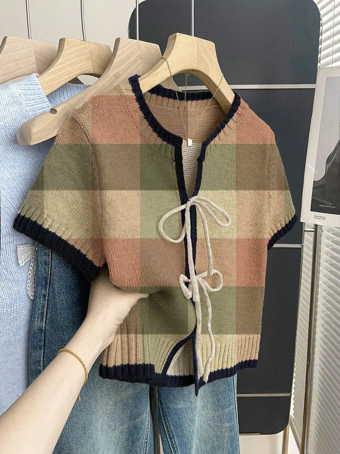 Boho Style Loose Round Neck Patchwork Plaid Print Short Sleeve Knit Top, Women's Summer Casual Sweater, Spring & Summer Fashion, Knitwear, Womenswear, Knitting