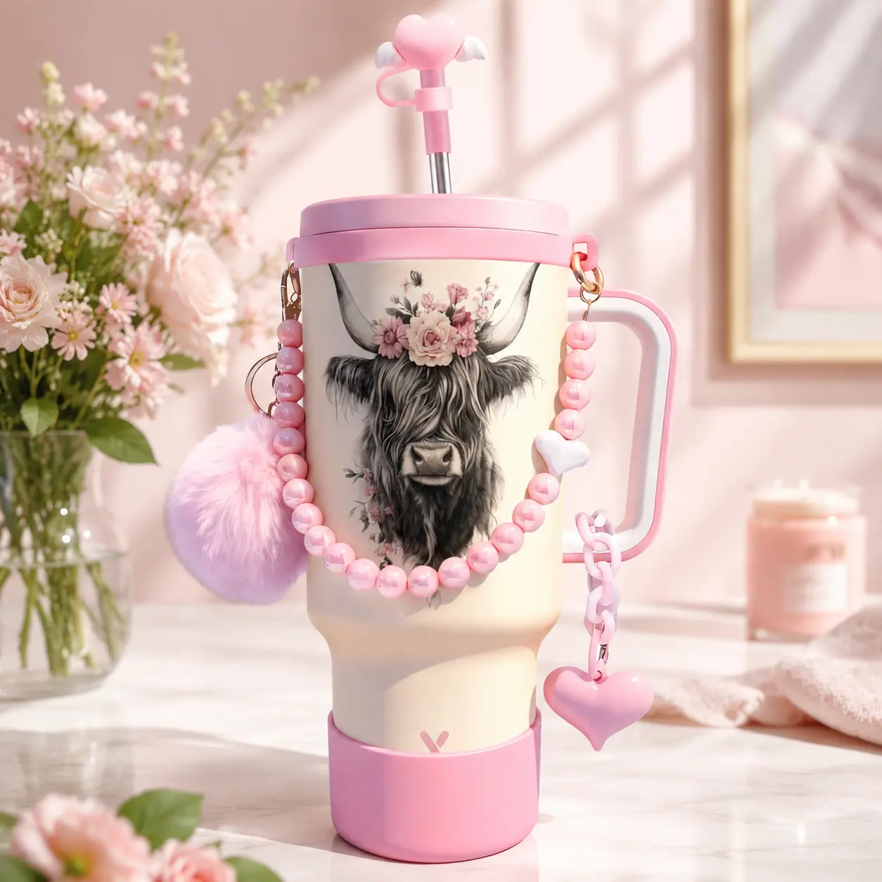 MEOKY 40ozTumbler with 6pc Cute Pink Accessories, Insulated Stainless Steel Cup with Straw, Beaded Strap & Charms, Great for Travel & Daily Use