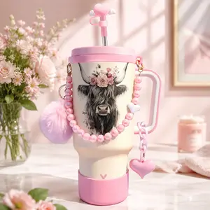MEOKY 40ozTumbler with 6pc Cute Pink Accessories, Insulated Stainless Steel Cup with Straw, Beaded Strap & Charms, Great for Travel & Daily Use