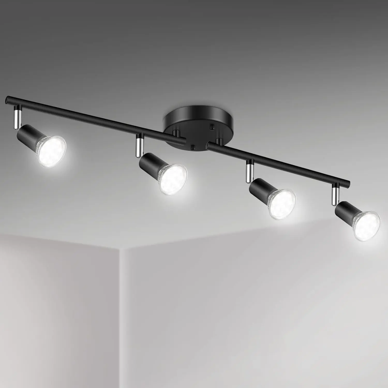 4-Light LED Track Lighting Kit, Flexibly Rotatable Light Heads, 4 Way Ceiling Spotlight Matt Nickel Finish, Including 4 GU10 LED Bulbs (4W 400LM Daylight White 5000K)