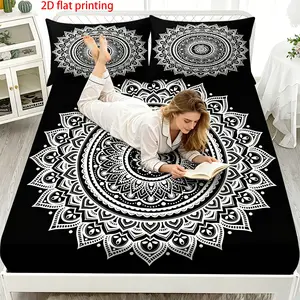 Ethnic style Mandala patterned bed sheet, all inclusive mattress protection set, retro black background printed bedding three piece set, including one bed sheet and two pillowcases (unfilled)