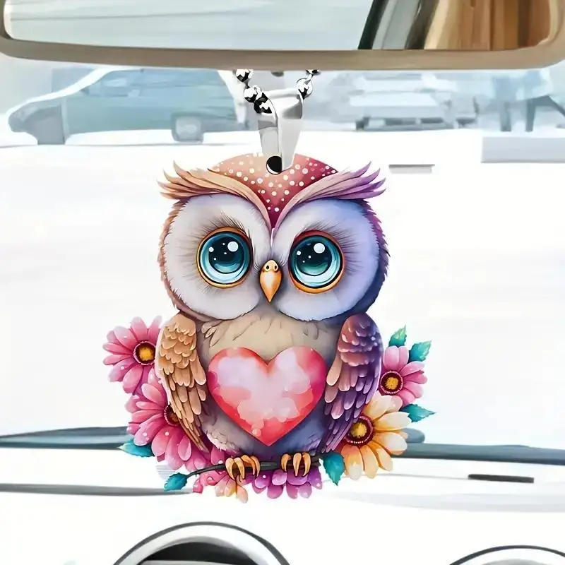 Cute Owl Design Car Hanging Ornament, Acrylic Colorful Animal Car Rearview Mirror Pendant with Chain, Car Mirror Hanging Decorative Accessories