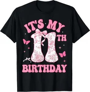 Women's 100% Cotton Round Neck Short-Sleeve Fabric Top - Breathable, Comfortable, Lightweight, Pink Coquette Bow for 11-Year-Old 11th Birthday Celebrants