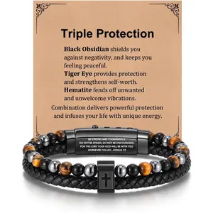 Cross Bracelet for Men Him - Triple Protection Hematite Black Obsidian Tiger Eye Beaded Bracelets, Faith Religious Happy Easter Catholic Christian Communion Baptism Gift Easter Basket Stuffers