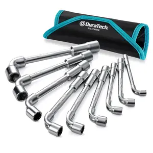 #fathersdaygift DURATECH L-Type Pipe Perforation Elbow Wrench Set, L Shaped Hex Socket Wrench Set, Metric, 9-Piece, 8-19mm, Chrome Alloy Steel, 6 Point, with Rolling Pouch