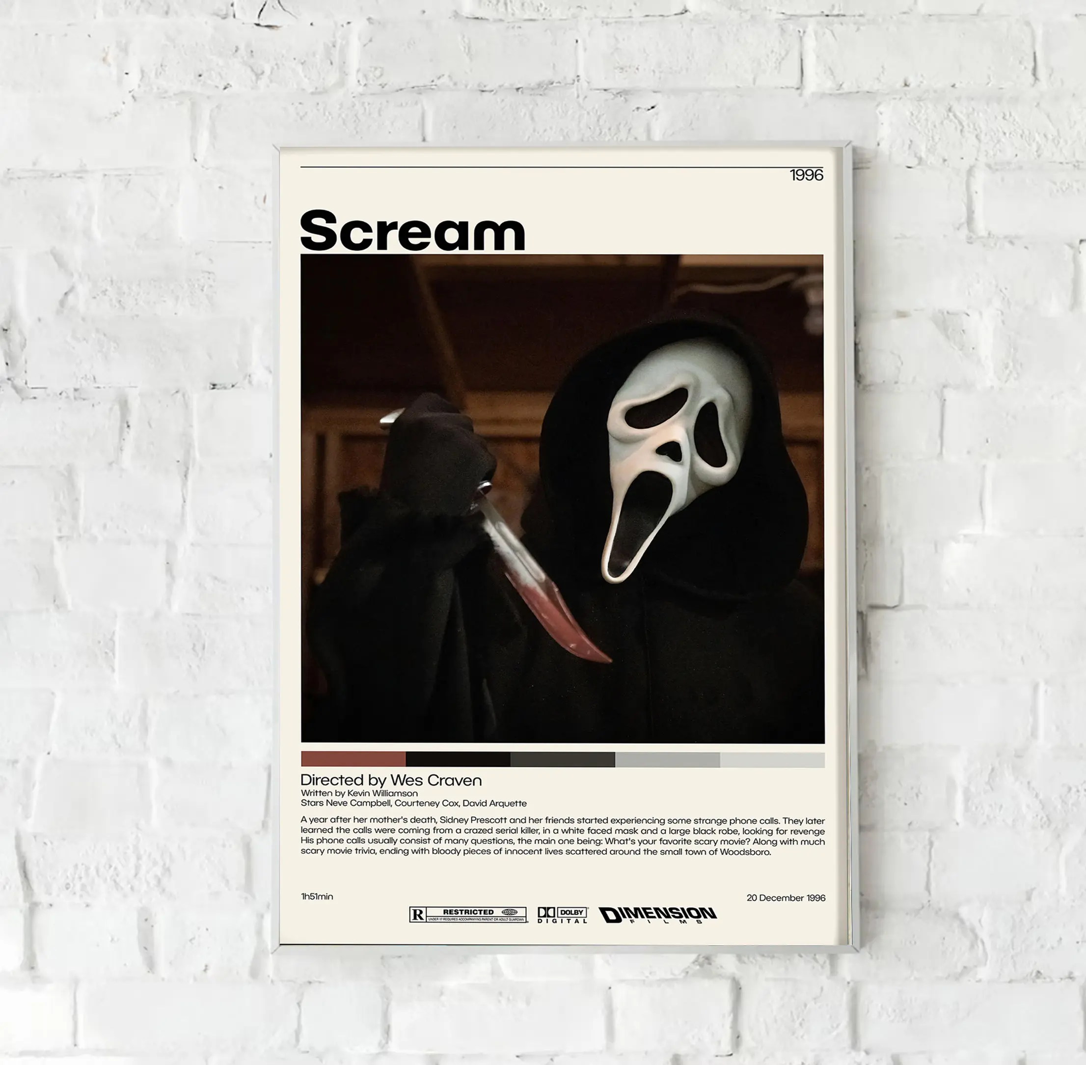 Scream 1996 Horror Slasher Film Poster, Billy Loomis, Stu Macher, Sidney Prescott, Killer Vintage Poster, Halloween Gift Decor Unframed