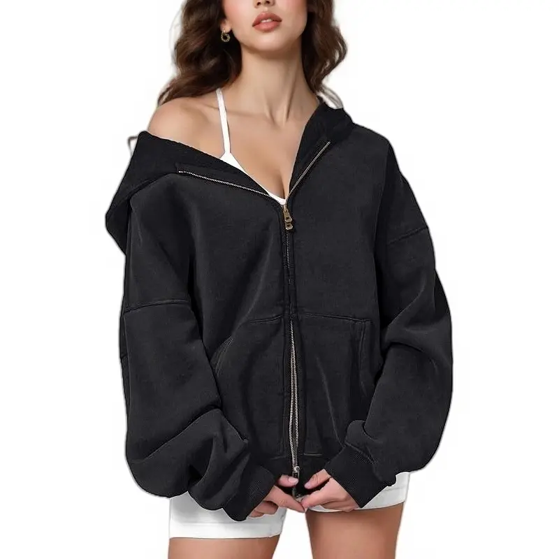 Women's Zip-Up Hoodies - Baggy Oversized Acid Wash Heavyweight Cotton-Polyester Fleece, Adjustable Chain Zipper, Ribbed Comfy, Pockets, Longsleeves, Fall-Winter Basic Everyday Style Casual Streetwear Essential Outerwear Tops, Piece