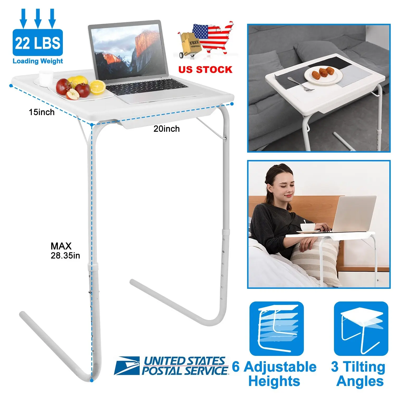 Foldable tray table, portable sofa TV dinner plate 6 gears height 3 gears angle, adjustable laptop desk, suitable for bed, dormitory, home dining, coffee time
