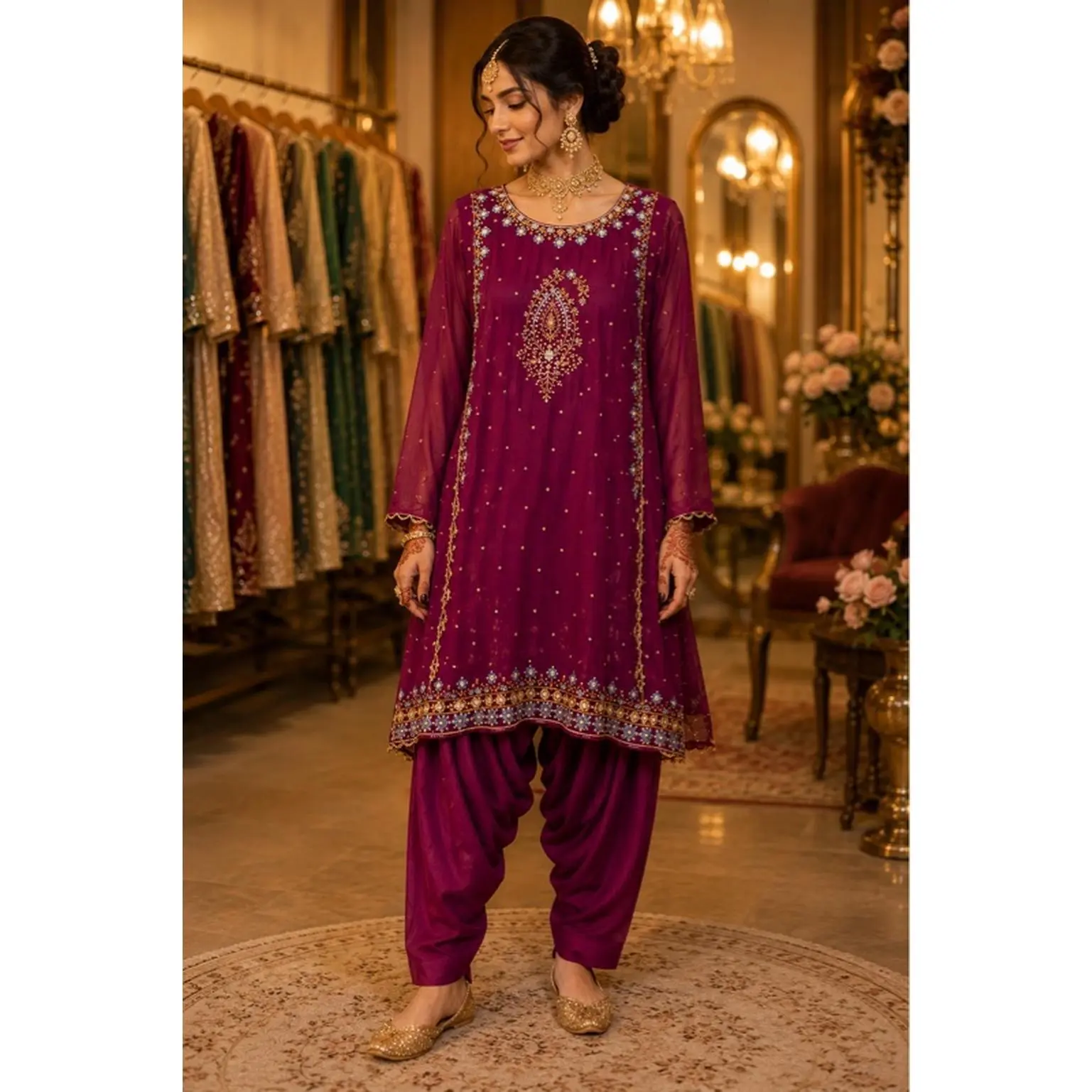 Three Piece Silk Suit with Farshi Shalwar - Elegant Magenta Color with Intricate Embroidery and Traditional Design