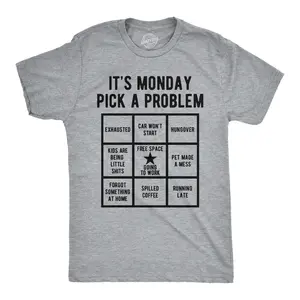 Mens Funny T Shirts Its Monday Pick A Problem Sarcastic Bingo Graphic Novelty Tee For Men Mens Funny T Shirts Cool Vintage Fashion T-Shirt Gift Classic Menswear Funny Office Short Sleeve Novelty Tees for Guys Light Grey