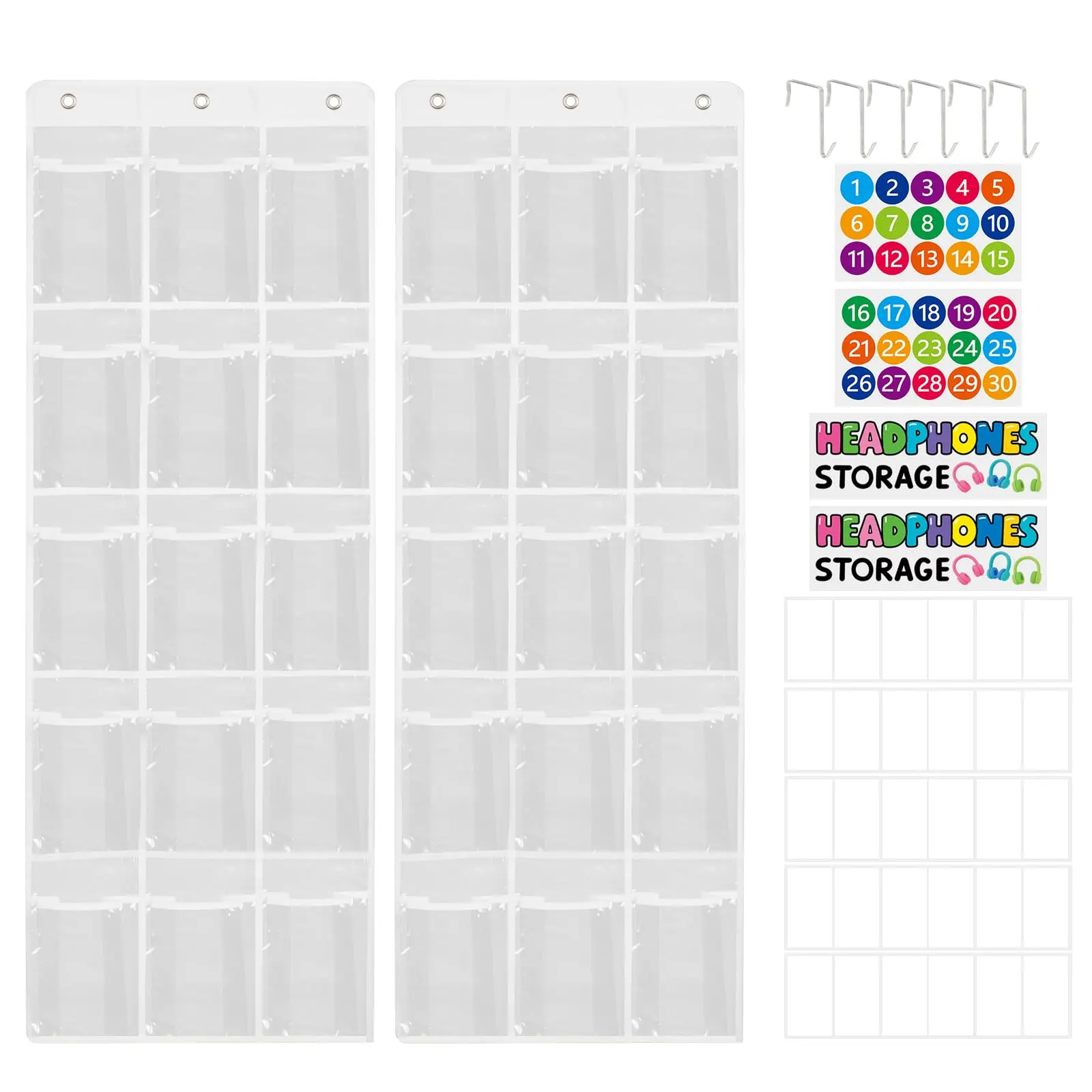 2-Pack Classroom Headphone Storage Organizer with 30 Pockets, PVC Clear Classroom Pocket Chart for Headphones & Cell Phones, Over-the-Door Hanging Headphone Holder Bag