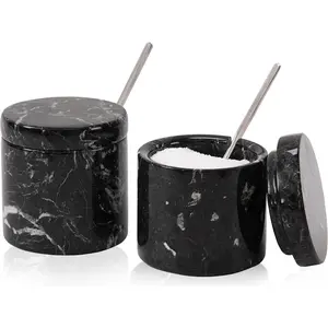 Marble Salt Cellar Set of 2  Black Stone Salt and Pepper Containers with Lid and Spoon - Marble Salt Box &  Jars, Sugar Bowl, 5.2 Oz Salt Holder for Countertop and Table