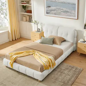[Bellemave] Cream Style Bouclé Fabric Platform Bed with Headboard, Soft Cloud-Like Upholstered Frame with Solid Wood Legs, No Box Spring Needed﻿