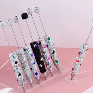 5pcs star and moon glitter solid beadable pens,A set of 5 mixed colors, Full rhinestone fancy pens for beads cute journalling pens for women fun bling ballpoint pens tween girls gifts trendy stuff handmade pen diy bead