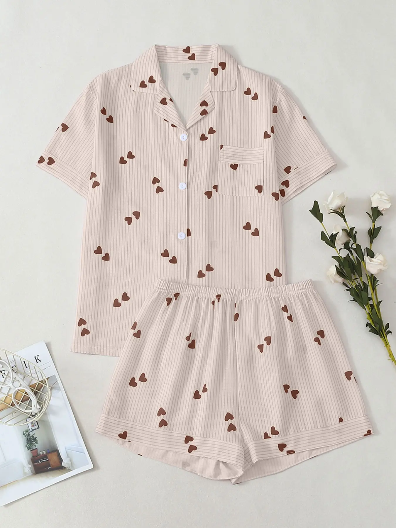 New Striped Heart Print Women's Pajama Set Loungewear, Comfortable Skin-Friendly Breathable Fabric, Indoor Outdoor Wear, Casual Home Clothing