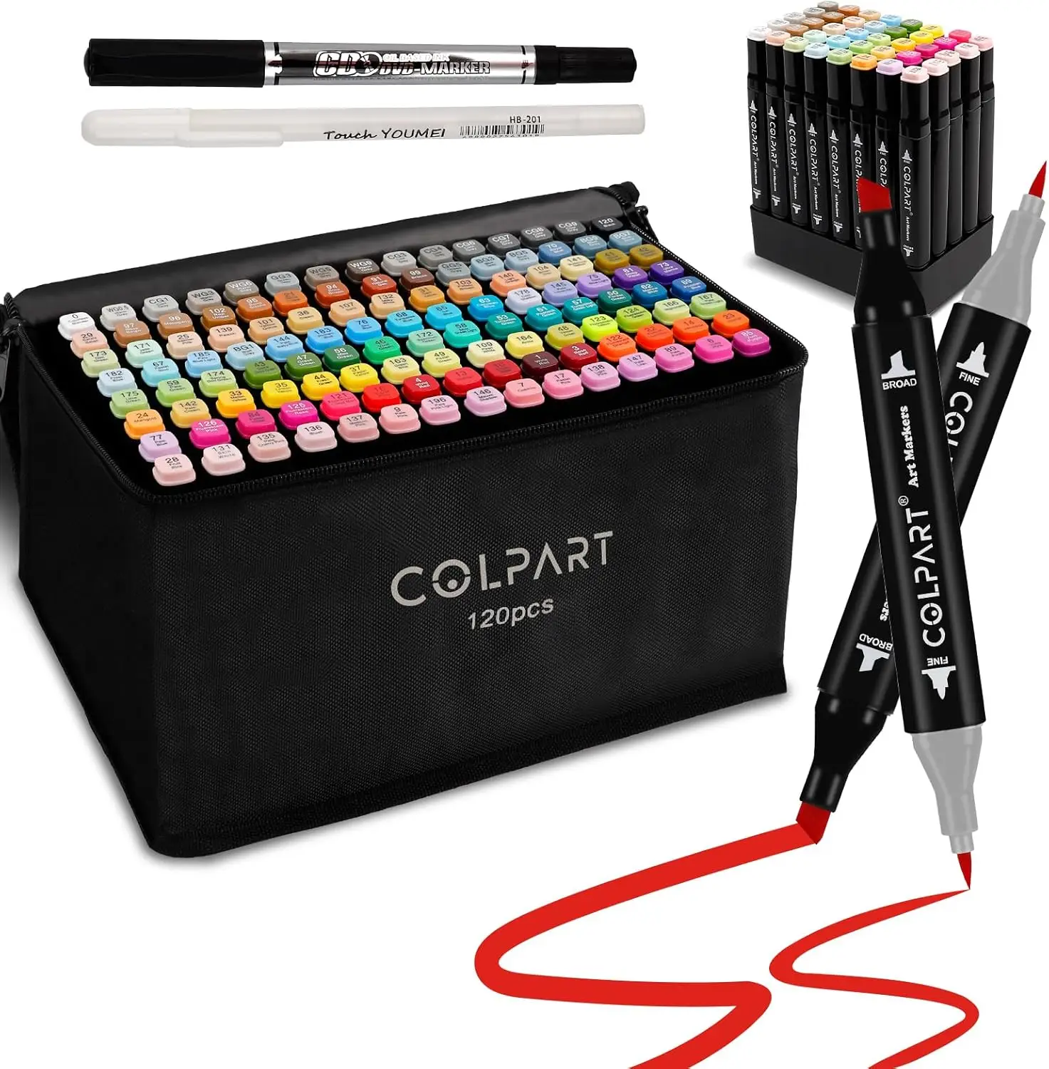COLPART 120 Colors Alcohol Markers Dual Tip Brush & Fine Point Art Pens with Pen Holders & Carry Bag for Kids & Adults Perfect for Painting & Sketchin
