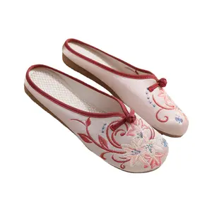 Summer vintage embroidered cheongsam shoes, Zen-style embroidered shoes, Chinese-style tea art shoes, ethnic-style slippers, women's closed-toe slippers