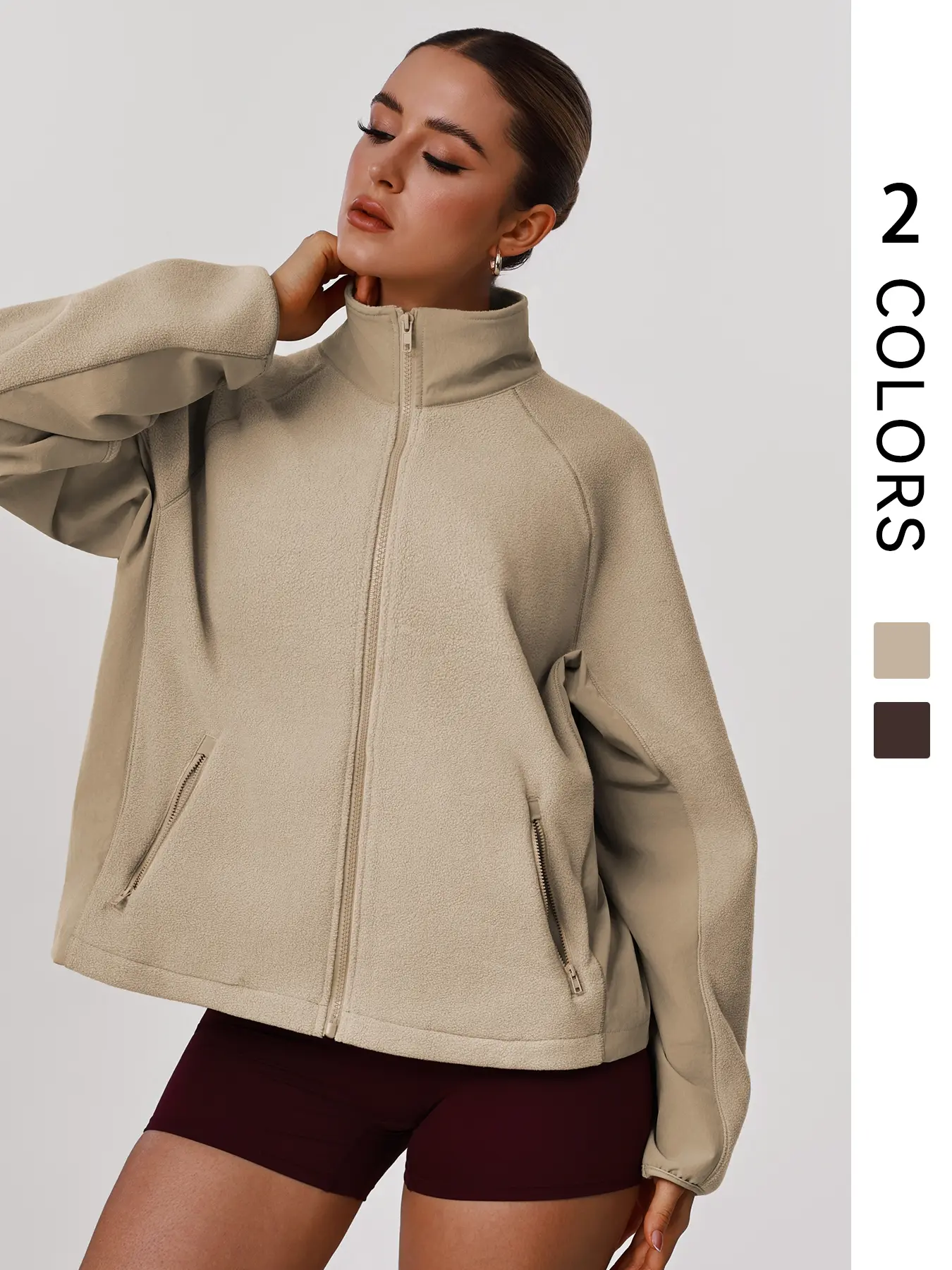 Women's Fleece Training Jacket, Full Zip Long Sleeve Sports Top, Loose Side Zip Pocket, Casual Outdoor Sportswear, Sports Yoga Jacket, Zip Front Jacket, Sport Outdoor Clothing, Workout Jacket, Sporty Sports Outerwear, Workout Clothes