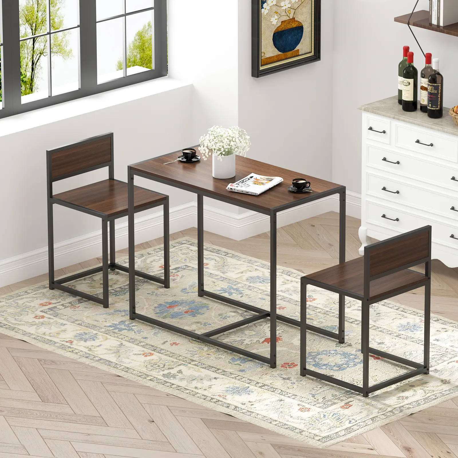 Soges Space-Saving Dining Table Set for 2, Nesting Kitchen Table & Chairs Set for Small Apartment, Kitchen, Dining Room, Heavy Duty Metal Frame, Easy Clean, Walnut Finish 2-Seat Set
