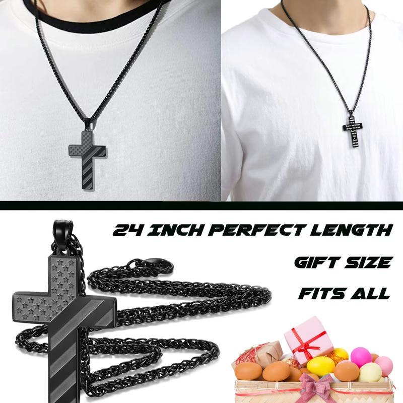 Black Crossflag Necklace,with Bible Verse& AmericanFlag,Inspirational Gift for MenTeens Boys Confirmation Birthday CoolBoyfriend Chain,Daily Accessories