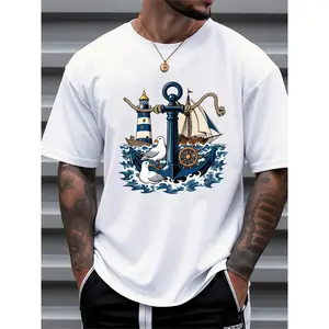 Mens Nautical Graphic Short Sleeve T Shirt Anchor Lighthouse Sailboat Waves Seagulls Coastal Beach Vacation Summer Crewneck Casual Streetwear Top