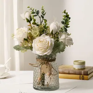[New Deal]     Fake Flowers with Vase - Artificial Roses, Suitable for Home Office Decoration & Dining Table Centerpiece, White