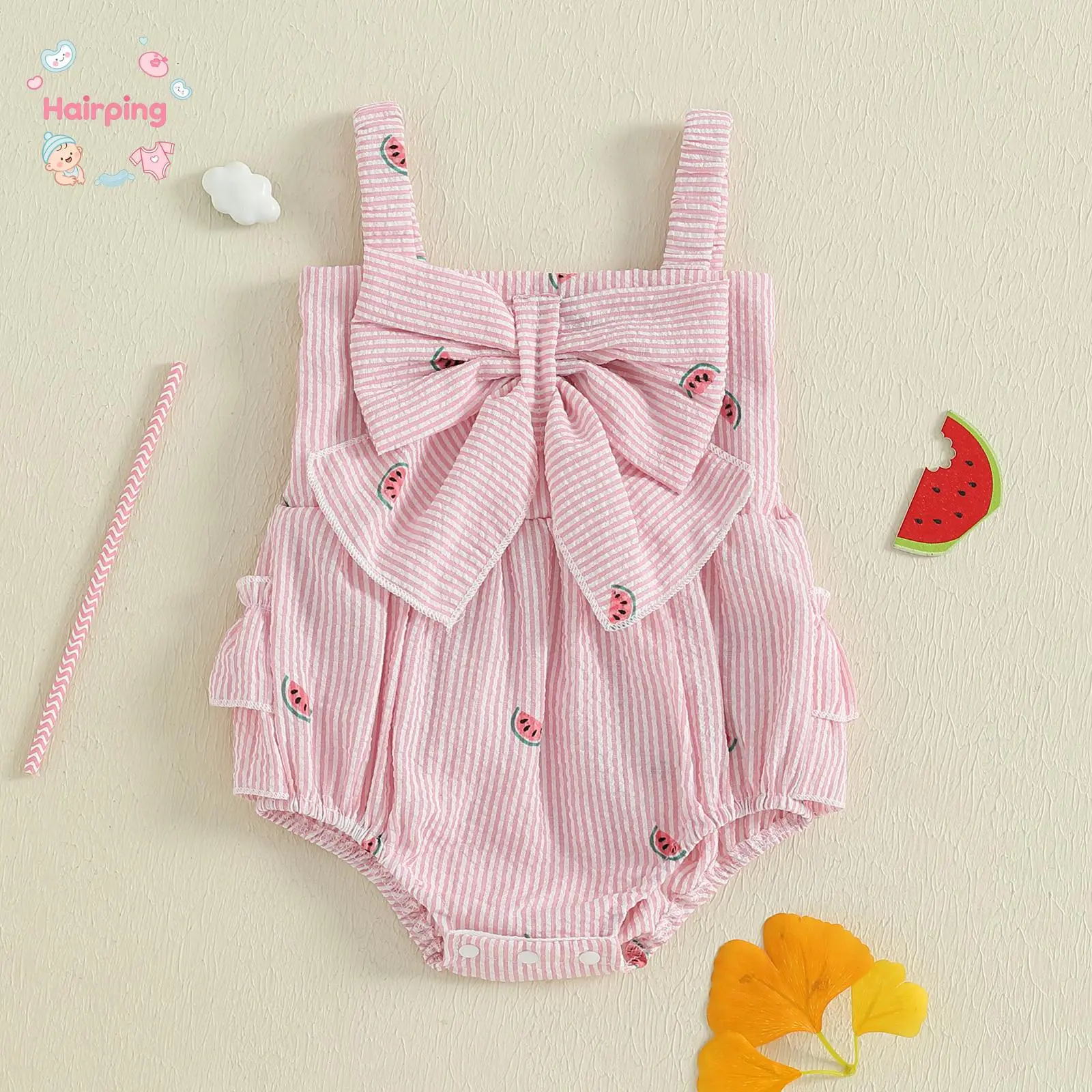 Baby Girl Clothes Fun Themed Bodysuits - Pink Striped Sleeveless Watermelon Print Bubble Romper with Large Bow, Elastane-Polyester Blend Summer Outfit for Photoshoot, Casual Play