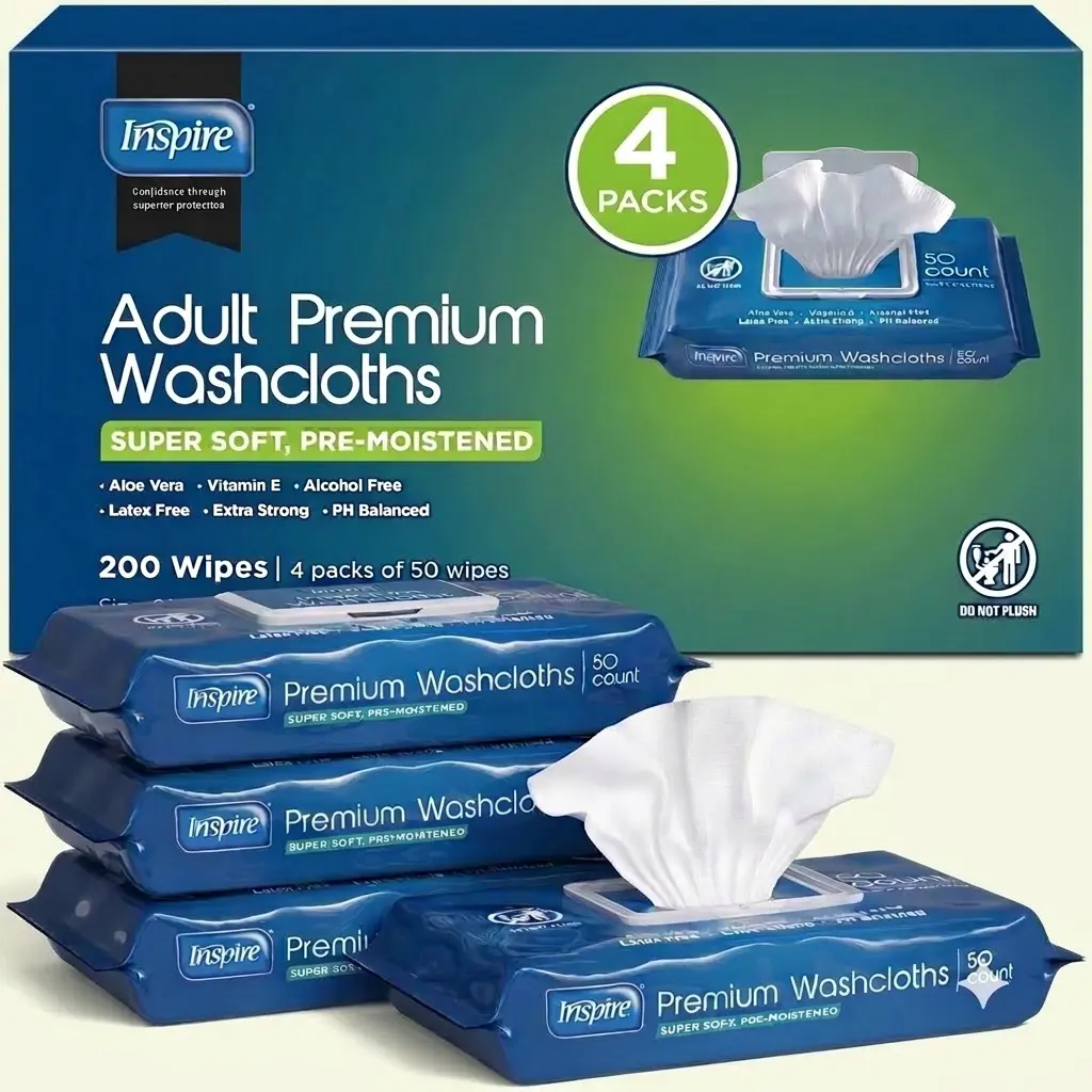 Inspire Adult Wet Wipes Extra Large 8x12 200 Ct Aloe Incontinence Body Cleansing Wash Cloths Sensitive Skin Wipes