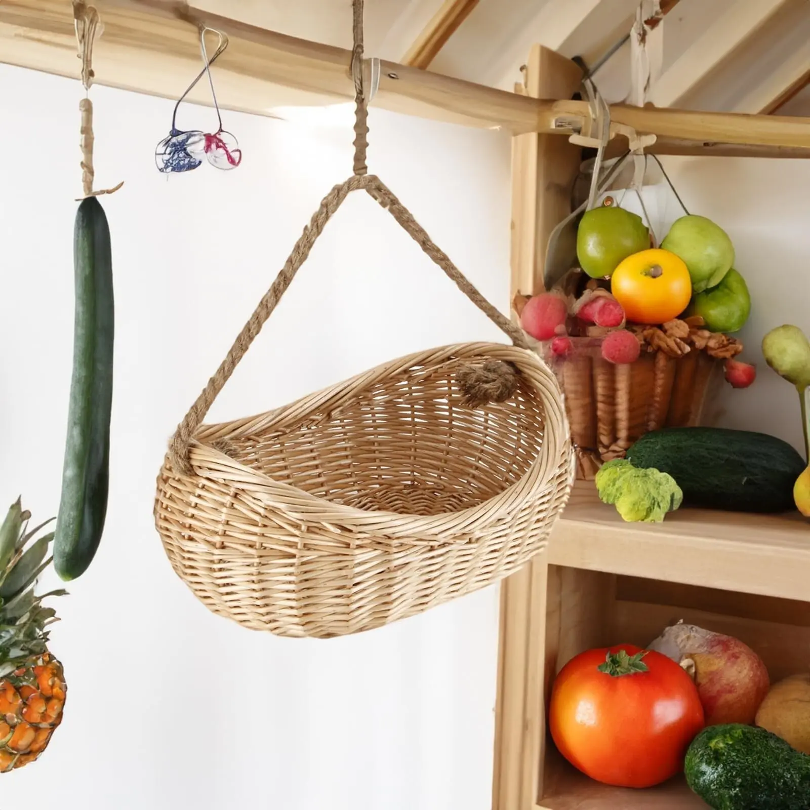 Wicker Harvest Basket with Jute Handle - Lightweight Household Organiser, Fruit Storage for Garden, Farmhouse, Gift Use