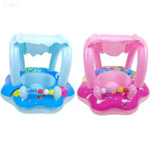 Set of 2 Toddler Inflatable Swim Floats, Kids Pool Seat with Sun Canopy & Rattle, Safe Water Toy for Summer Fun